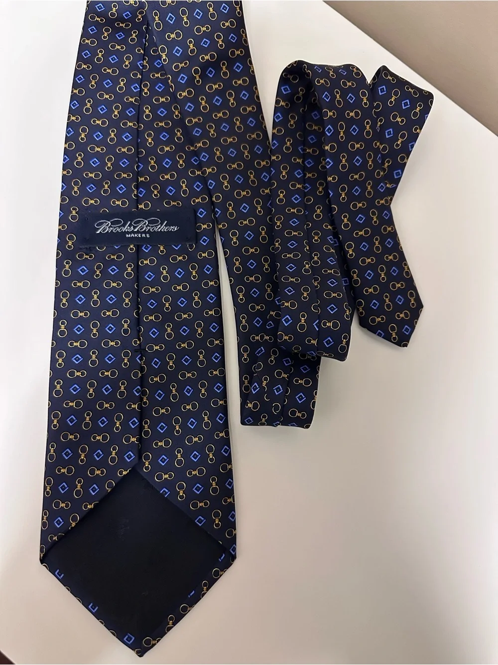 Brooks Brothers Navy Silk Tie with Gold and Royal Blue Motif